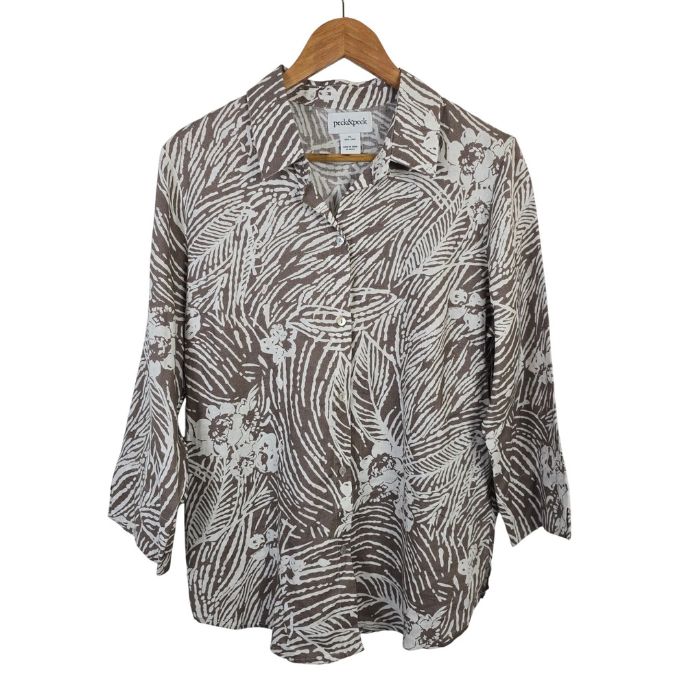 Peck & Peck Womens XL Brown White 100% Linen Tropical Leaf Button Down Shirt